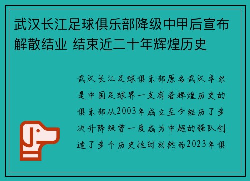 武汉长江足球俱乐部降级中甲后宣布解散结业 结束近二十年辉煌历史 武汉长江足球俱乐部降级中甲后宣布解散结业 结束近二十年辉煌历史
